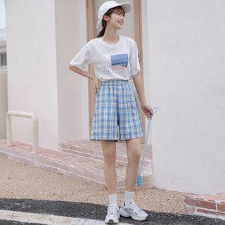 Elbow-sleeve Print T-shirt / Plaid Shorts / Set