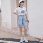 Elbow-sleeve Print T-shirt / Plaid Shorts / Set