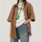 Elbow-sleeve Faux Leather Shirt