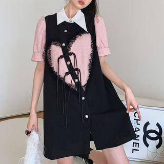 Short-sleeve Lace Trim Bow Mini Shift Dress