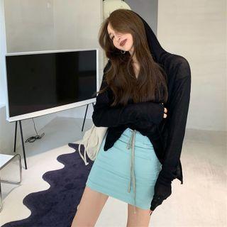 Long-sleeve Hooded Knit Top / Mini A-line Skirt