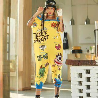 Cold Shoulder Printed Short-sleeve Capri Jumpsuit