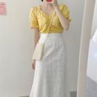 Short-sleeve Shirred Blouse / Embroidered Midi Skirt