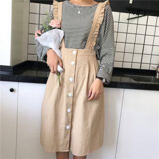 Striped Long-sleeve T-shirt / Buttoned Suspender Skirt