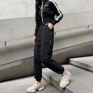 Striped Zip Jacket / Cropped Harem Pants / Set