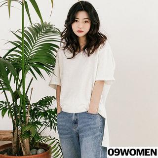 Tall Size V-neck Slit-hem Long T-shirt