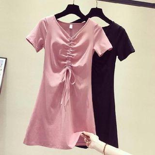 Plain Short-sleeve Drawstring A-line Dress