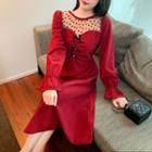 Long-sleeve Heart Mesh Panel Midi A-line Dress