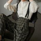 Plaid Straight-leg Pants With Suspender / Button-up Blouse