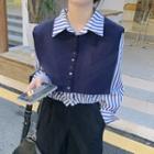 Striped Long-sleeve Shirt / Plain Knit Shawl