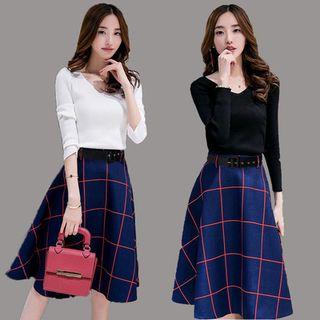 Set: V-neck Long-sleeve Top + Check Midi Skirt