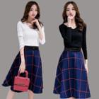 Set: V-neck Long-sleeve Top + Check Midi Skirt