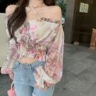 Off-shoulder Bell Sleeve Ruffle Trim Floral Print Chiffon Halter Top Floral - One Size