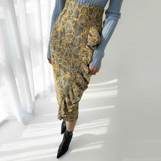 Frilled Flower-embroidery Pencil Skirt