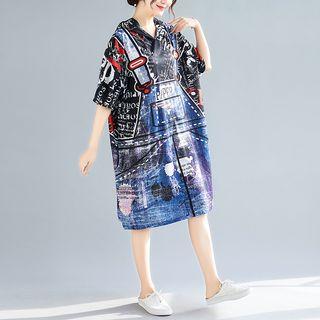 Mock Two-piece Printed Elbow-sleeve Dress As Shown In Figure - One Size