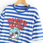 Short-sleeve Goose Print Striped T-shirt Blue - One Size