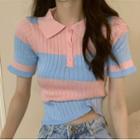 Short-sleeve Polo Neck Two-tone Knit Top