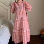 Elbow-sleeve Floral Midi A-line Dress Pink - One Size
