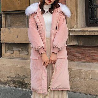 Furry-trim Hooded Padded Zip Long Coat