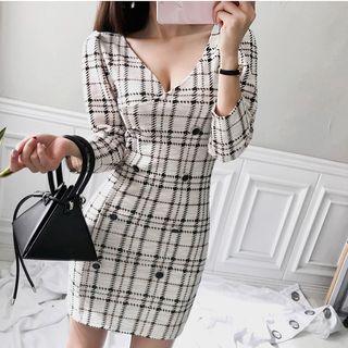 Long-sleeve Double Breasted Mini Plaid Sheath Dress