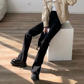 High-waist Plain Cutout Split Straight-cut Pants