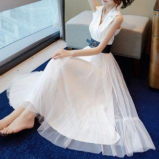 Sleeveless Notch-lapel Midi A-line Mesh Dress