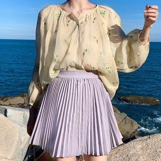 Set: Loose-fit Long -sleeve Button Up T-shirt + Plain High-waist Skirt