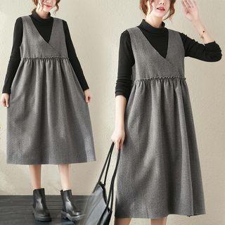 V-neck Frill Trim Midi A-line Overall Dress
