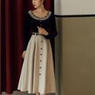 Set: Long-sleeve Lace Trim Blouse + Midi A-line Skirt