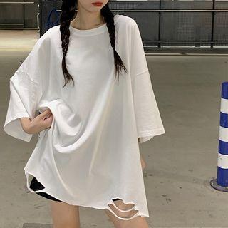 Elbow-sleeve Oversized Distressed T-shirt