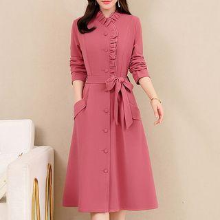 Ruffle Trim Long-sleeve Midi A-line Shirt Dress