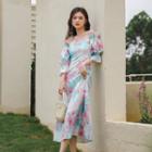 3/4-sleeve Off-shoulder Floral Print Midi A-line Dress