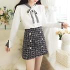 Set: Lace Tie-neck Sweater + Tweed Pencil Skirt / Lace Tie-neck Sweater