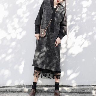 Set: Long Knit Vest = Long-sleeve Dotted Midi Dress