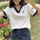 Short-sleeve Lapel Contrast Trim Embroidered Lettering Top