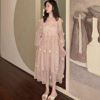 Flower Accent Long-sleeve Midi Dress