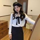 Long-sleeve Tie-front Knit Top White - One Size