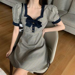 Contrast Trim Bow Short-sleeve Plaid Mini A-line Dress