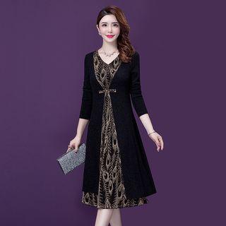 Long-sleeve Glitter Paneled Midi A-line Dress