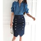 Elbow-sleeve Frilled-trim Denim Blouse