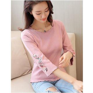 Embroidered 3/4-sleeve Knit Top