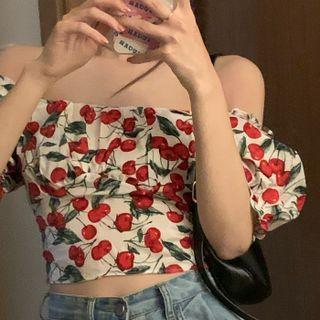Short-sleeve Cherry Print Blouse Cherry - White - One Size
