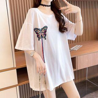 Elbow-sleeve Butterfly Embroidered Oversized T-shirt
