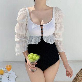 Puff-sleeve Paneled Ruffled Swimsuit