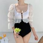 Puff-sleeve Paneled Ruffled Swimsuit