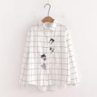 Long-sleeve Cat Embroidered Checked Shirt