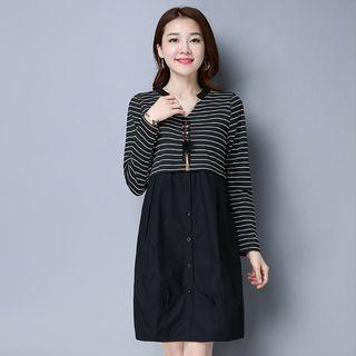 Split-neck Stripe Long-sleeve Dress