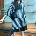Side Slit Striped T-shirt As Shown In Figure - One Size
