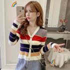 Long-sleeve Button Striped Knit Top
