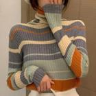 Striped Turtleneck Sweater Stripes - Tangerine & Light Blue & Blue & Beige - One Size
